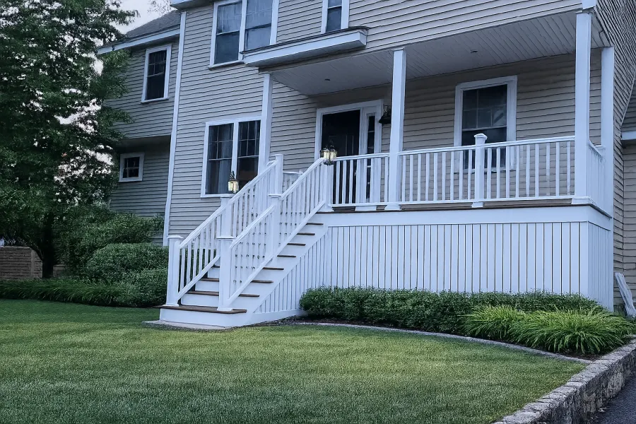 Elevated deck with stairs and railing